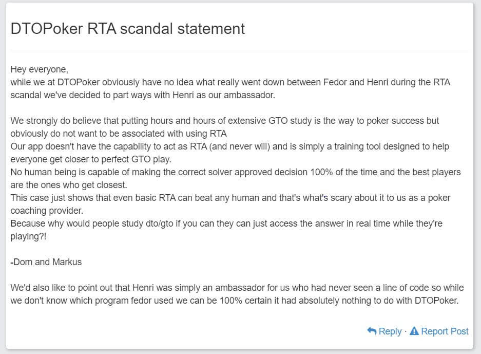 DTO Poker Trainer fires Henri "Buehlero" Buehler as ambassador due to his involvement in the Fedor Kruse RTA cheating scandal!