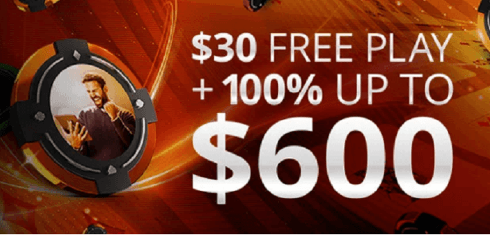 New increased partypoker first deposit bonus offers 100% up to $600 + $30 Free Play