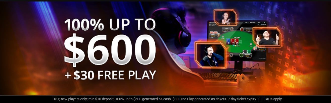 New increased partypoker first deposit bonus offers 100% up to $600 + $30 Free Play