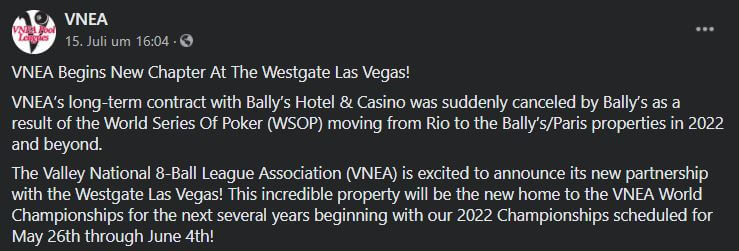VNEA leaks that the WSOP will take place at Bally's from 2022 on