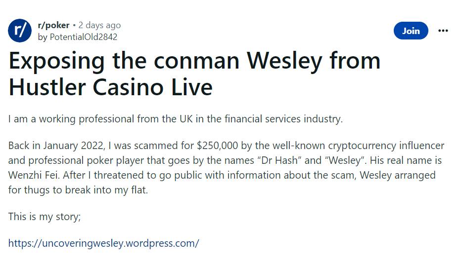 Hustler Casino Live Reg Wesley Faces Reddit Claims Of Being A Crypto Scammer