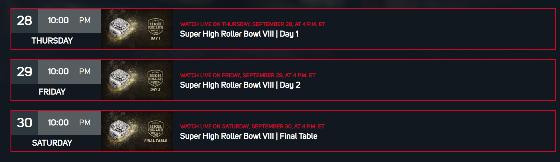 Super High Roller Bowl VIII Schedule