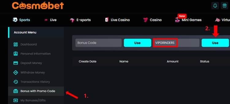 Cosmobet Promo Code Instructions